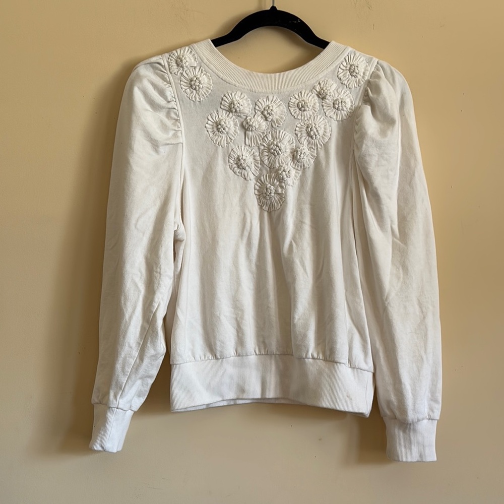 By Anthropologie Embroidered Puff-Sleeve Sweatshirt in White Size Medium